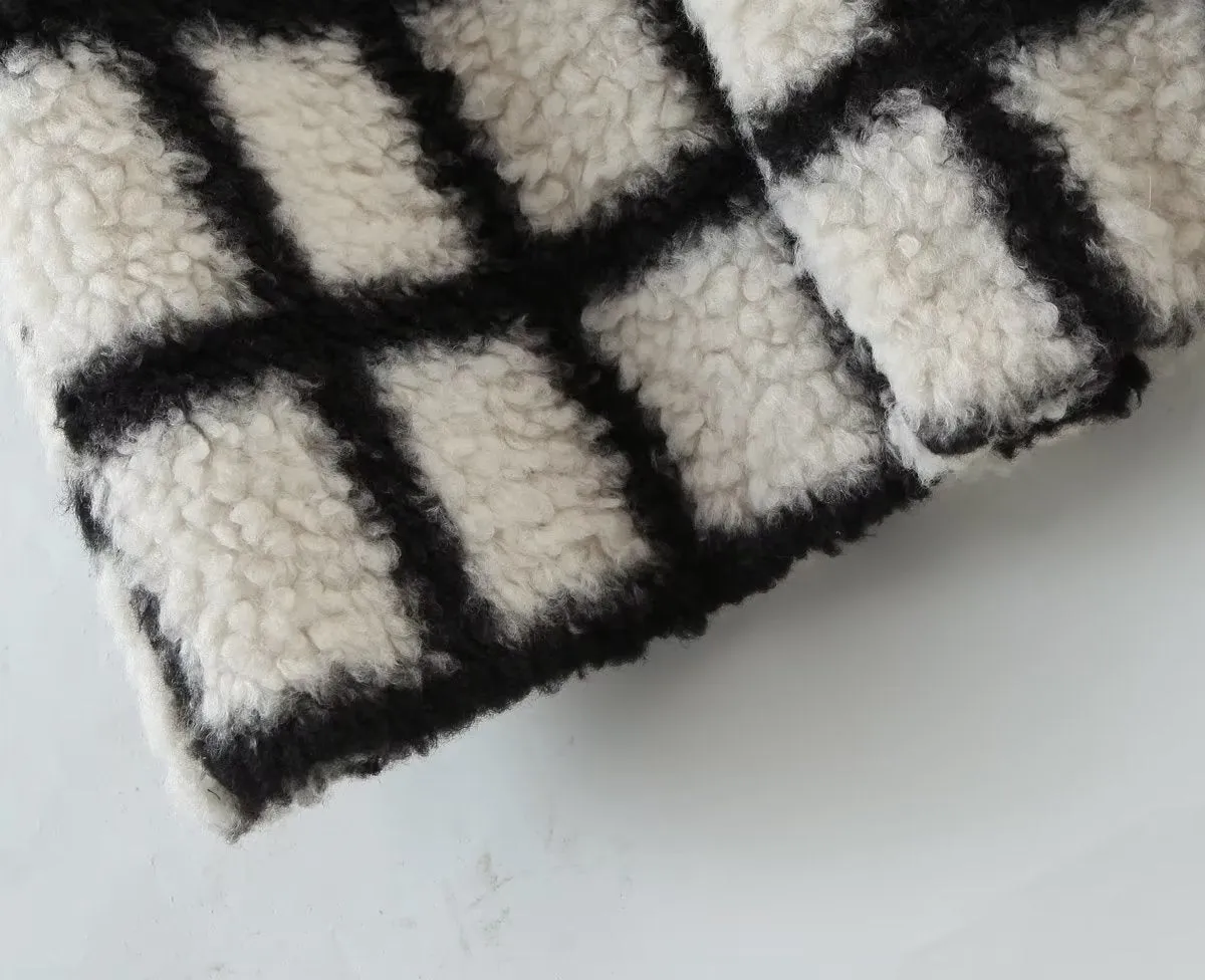 Pre Order:  Black and White Plaid Lamb Wool Coat