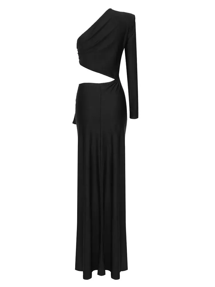 Pre Order:  Black Hollow Out Waist One Shoulder Maxi Dress