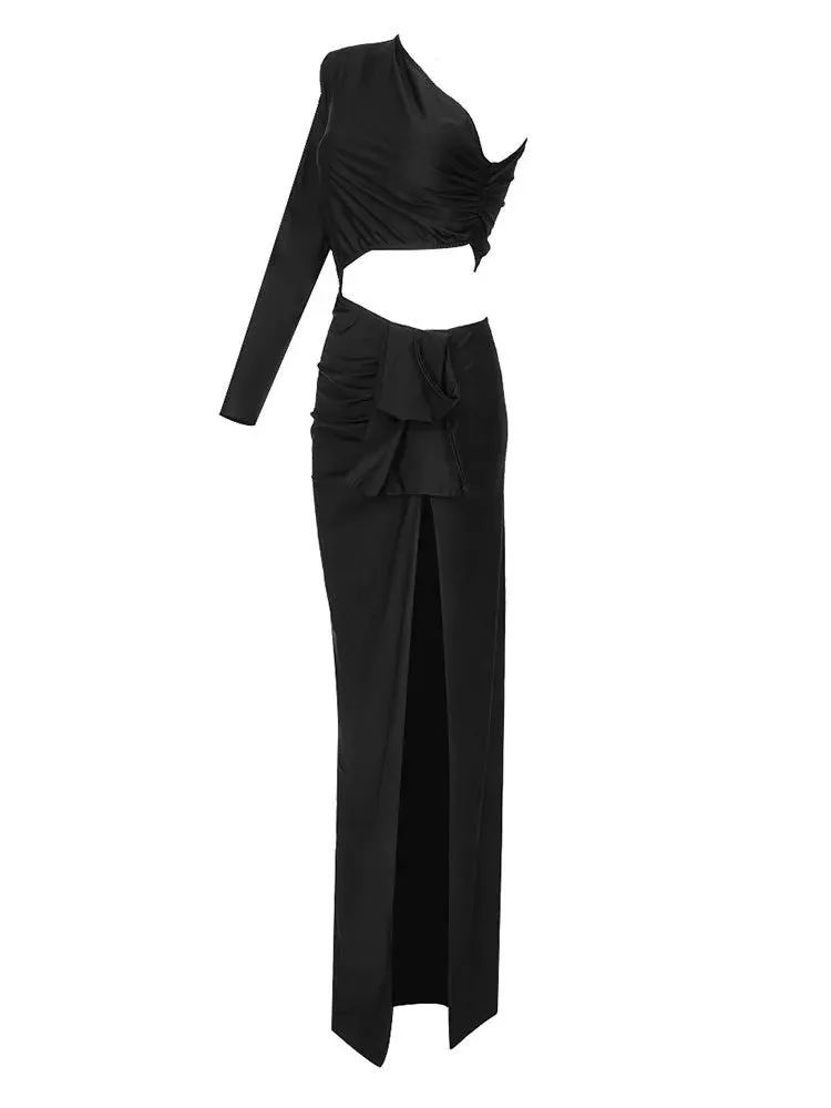 Pre Order:  Black Hollow Out Waist One Shoulder Maxi Dress