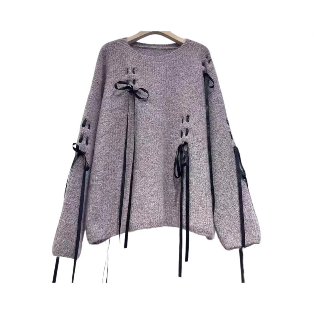 Pre Order:  Bow Tie Round Neck Loose Knitted Sweater