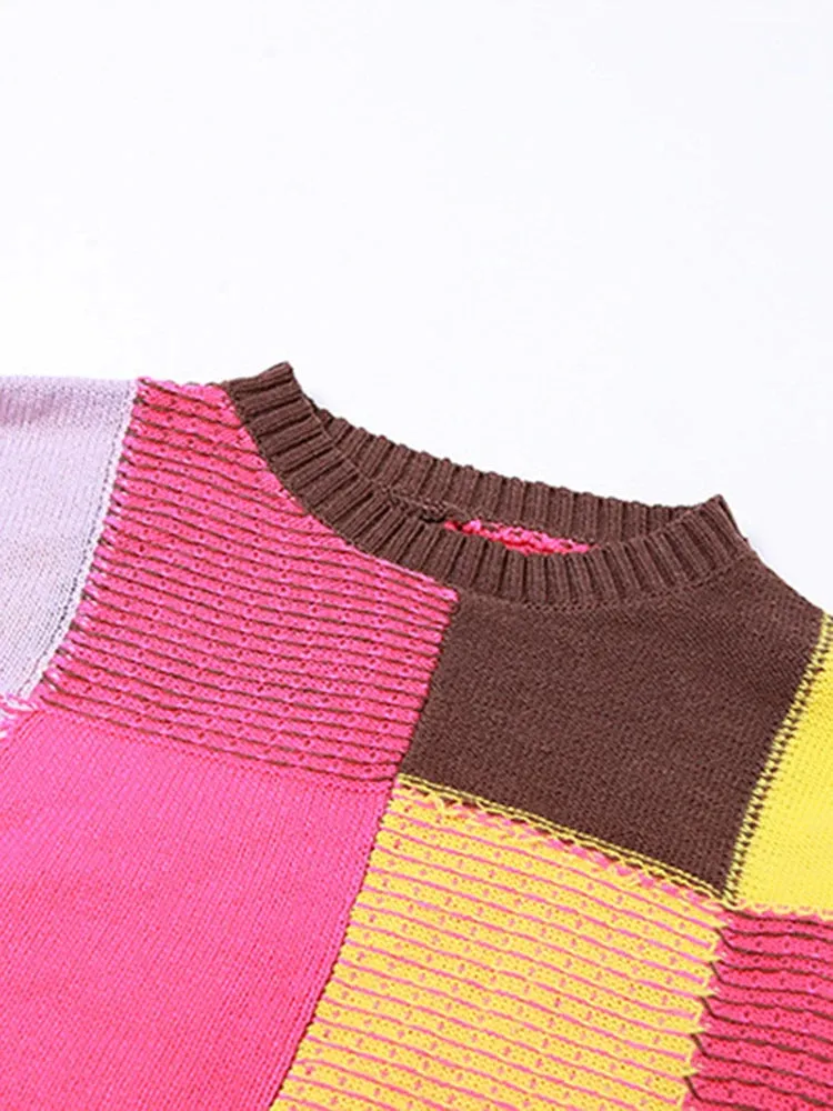 Pre Order:  Casual Color Block Knitted Cropped Sweater