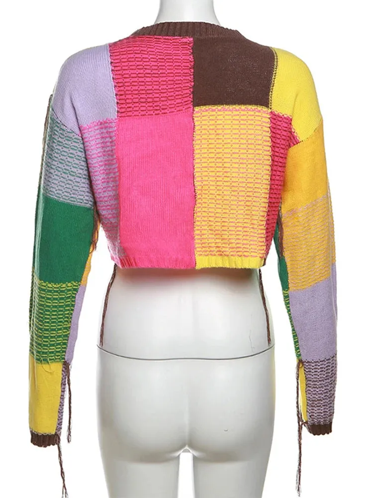 Pre Order:  Casual Color Block Knitted Cropped Sweater