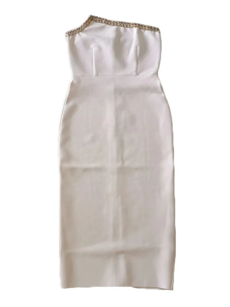 Pre Order:  Diamond Studded White Bandage Midi Dress