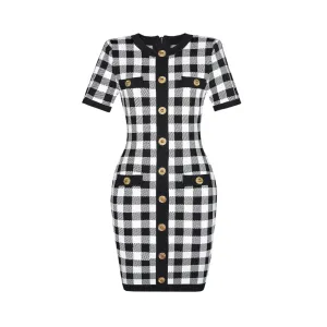 Pre Order:  Plaid Short Sleeved Bodycon Knitted Dress