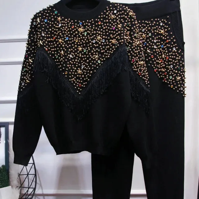 Pre Order:  Rhinestones Pearl Beaded Knit Sweater   Wide Leg Pants