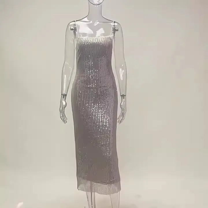 Pre Order:  Silver Sequin Back Slit Slim Dress