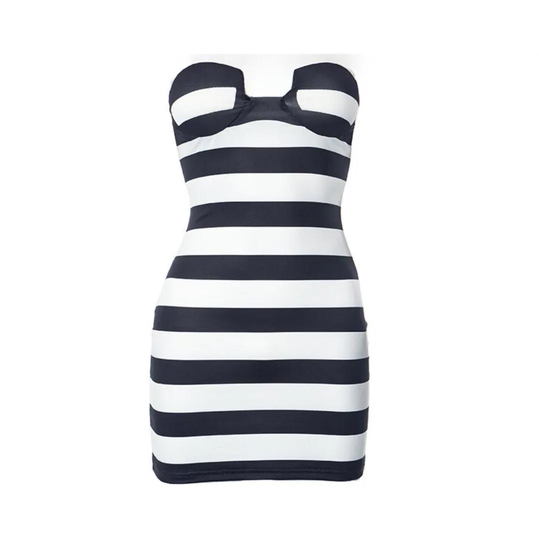 Pre Order:  Strapless Chest Wrapped Striped Dress