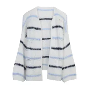 Pre Order:  White Knitted Stripes V-Neck Long Sleeve Sweater