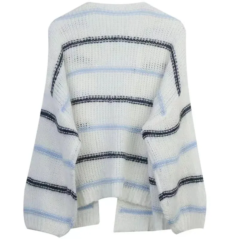 Pre Order:  White Knitted Stripes V-Neck Long Sleeve Sweater