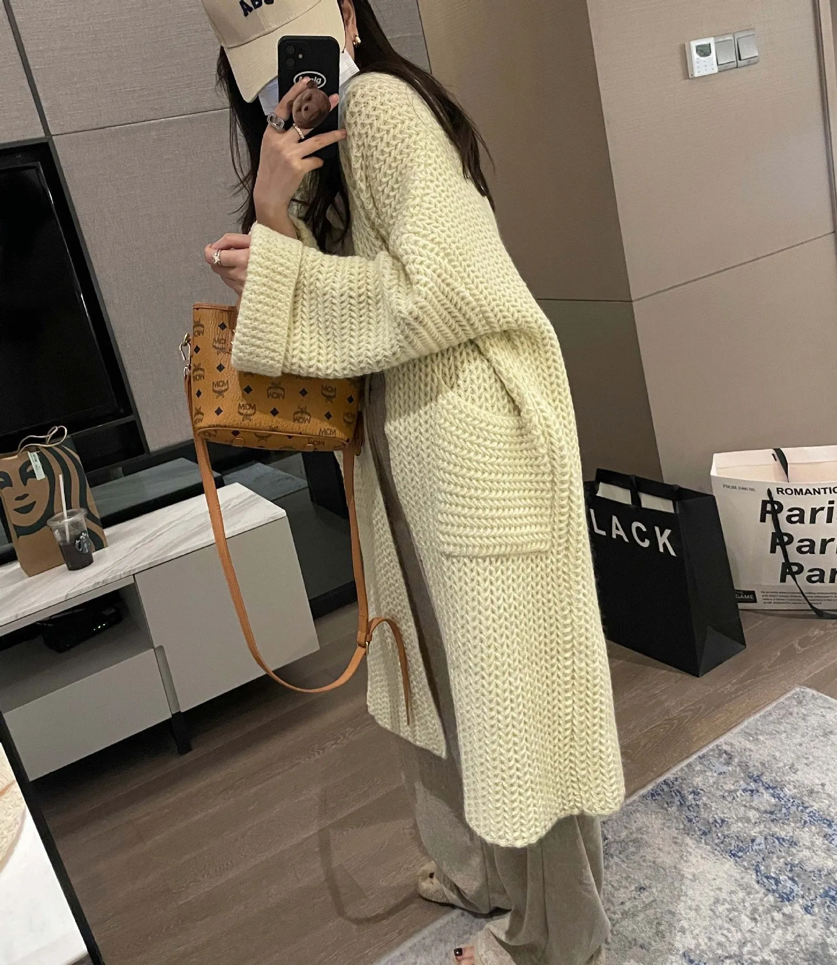 Purpdrank cold weather outfits Korean Style Thick Needle Pineapple Pattern Sweater Cardigan Loose over-the-Knee Sweater Mid-Length Elegant Wool Coat Women's Top