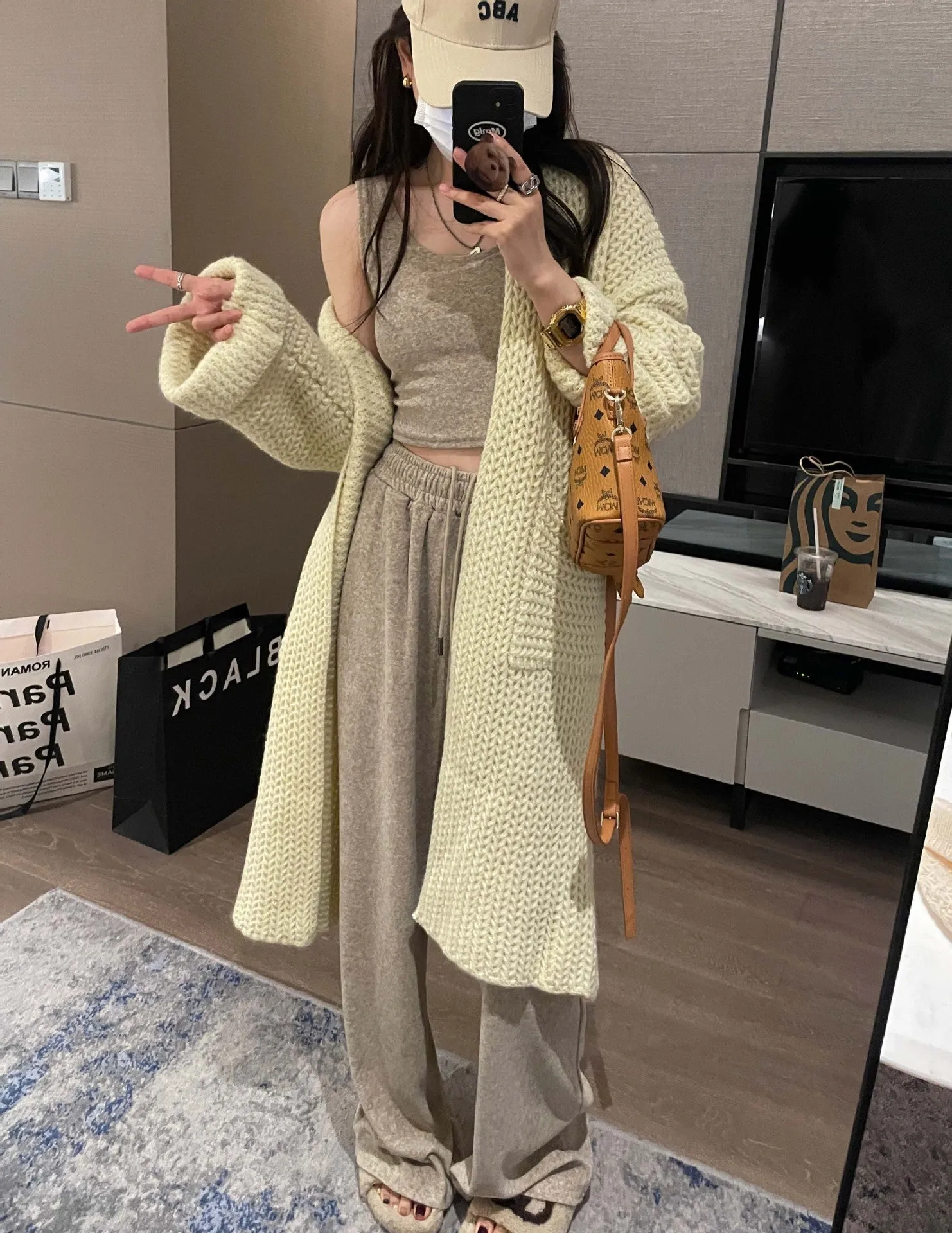 Purpdrank cold weather outfits Korean Style Thick Needle Pineapple Pattern Sweater Cardigan Loose over-the-Knee Sweater Mid-Length Elegant Wool Coat Women's Top