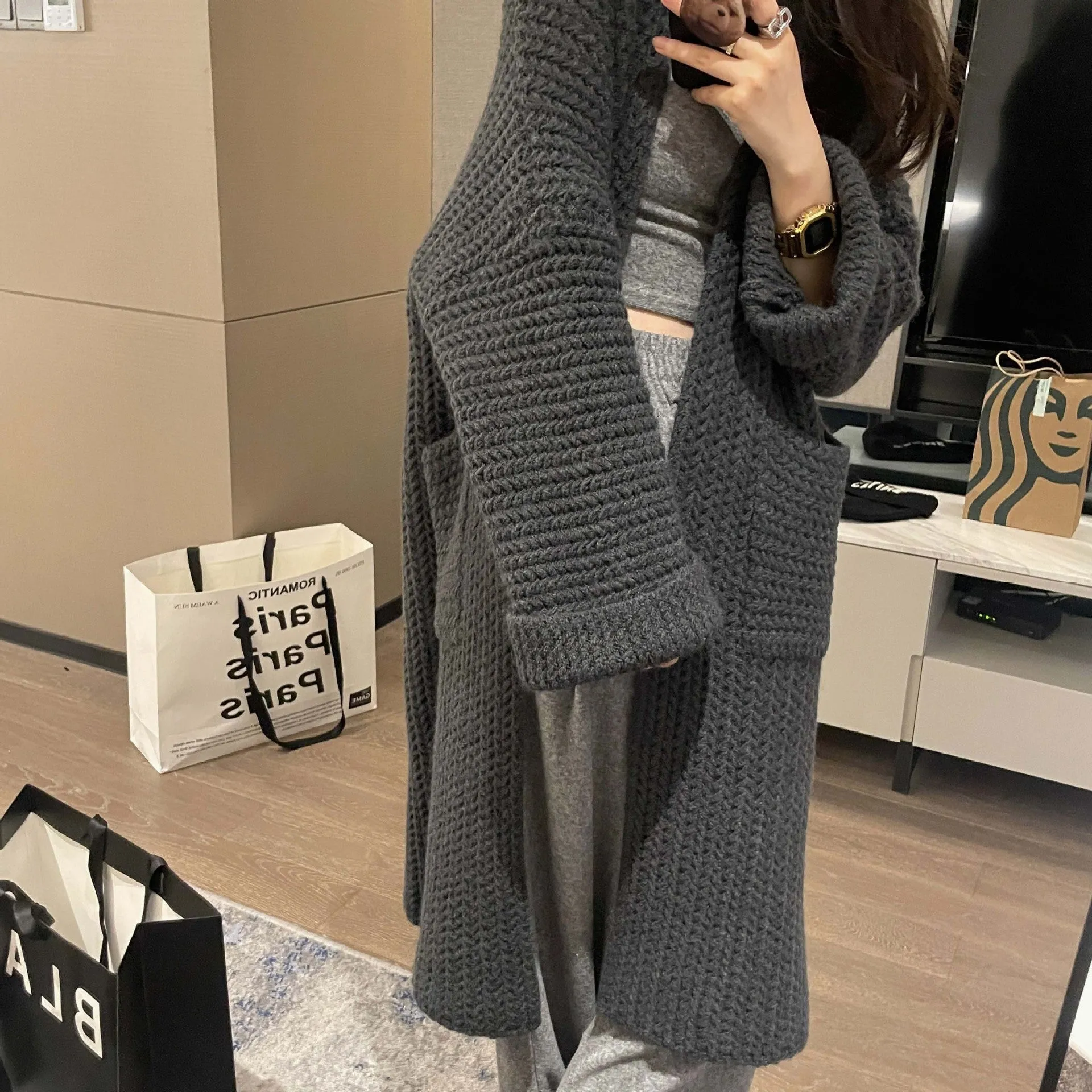 Purpdrank cold weather outfits Korean Style Thick Needle Pineapple Pattern Sweater Cardigan Loose over-the-Knee Sweater Mid-Length Elegant Wool Coat Women's Top