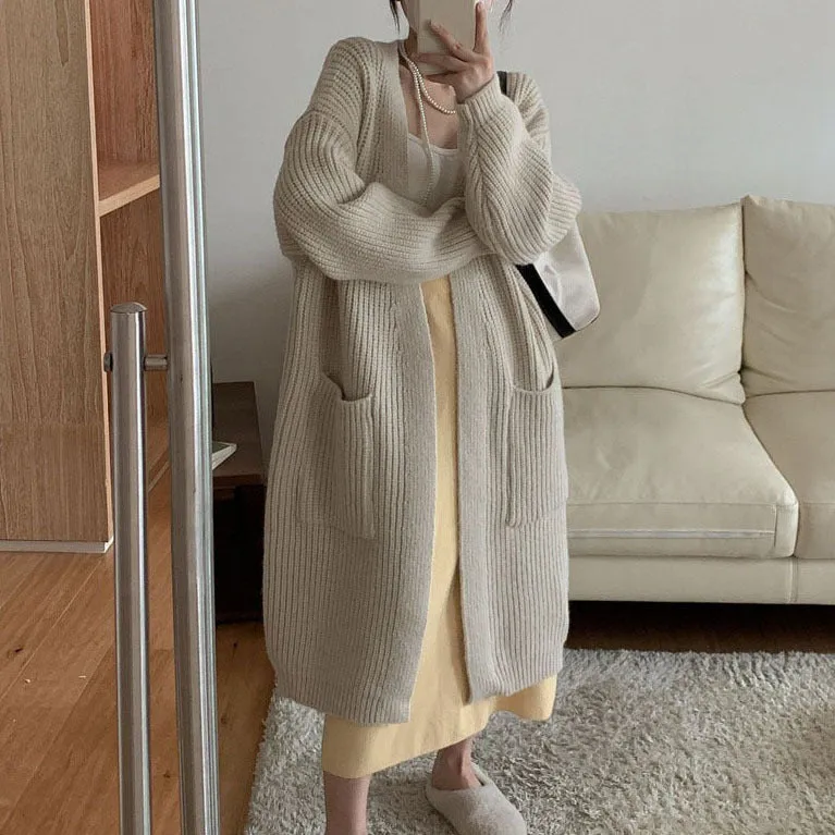 Purpdrank winter fits Autumn and Winter Korean Style Thick Wool Long Knitted Cardigan Women's Solid Color Loose Temperament Buckle-Free Sweater Coat