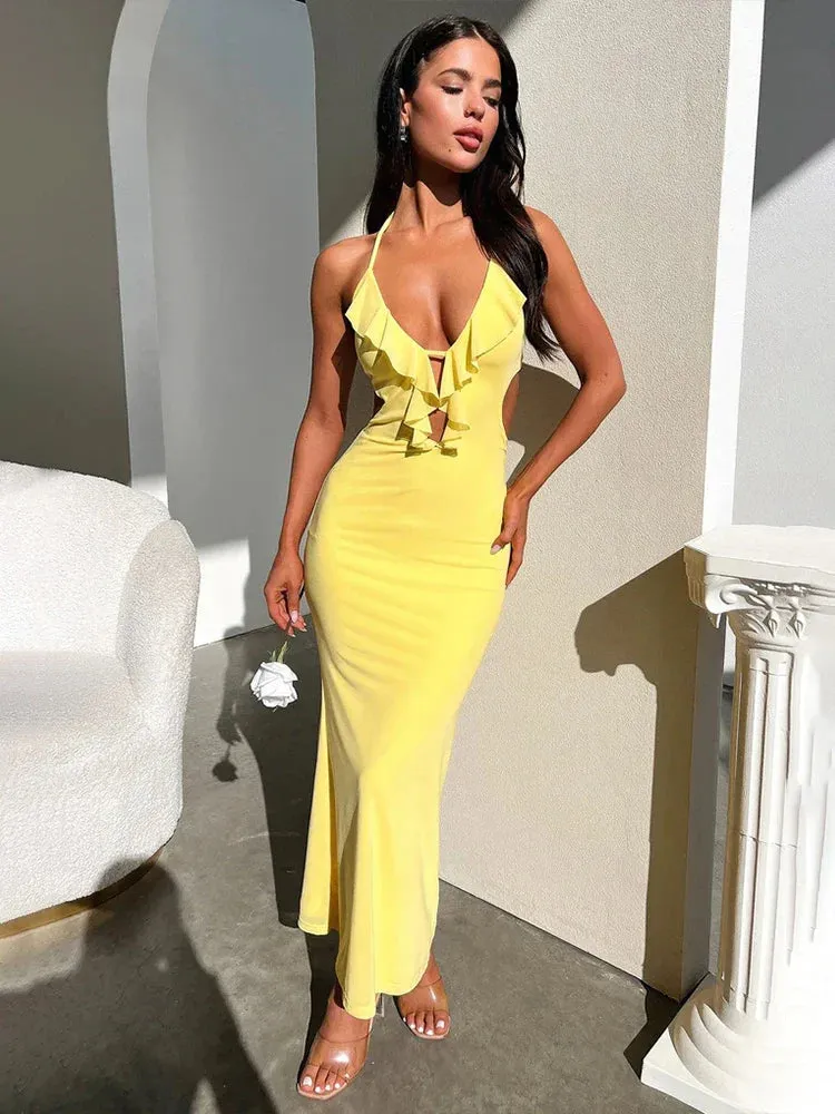 Ruffles Halter Nightclub Backless Slim Bodycon Long Elegant Summer Maxi Dress