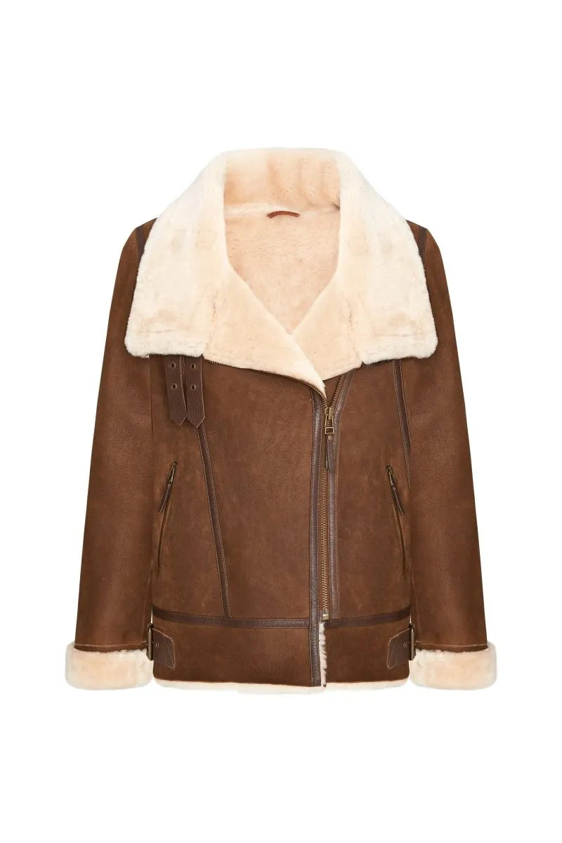 Selena Women's Shearling Sheepskin Bomber Jacket - Whiskey