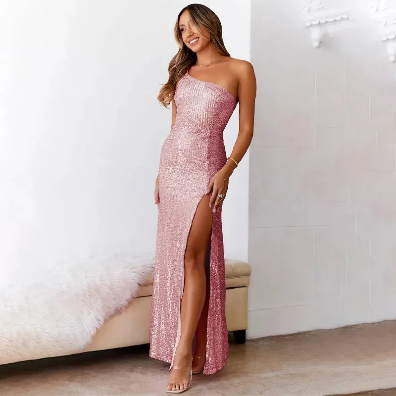 Sequin Split One Shoulder Sleeveless Bodycon Maxi Dress for Evening Party