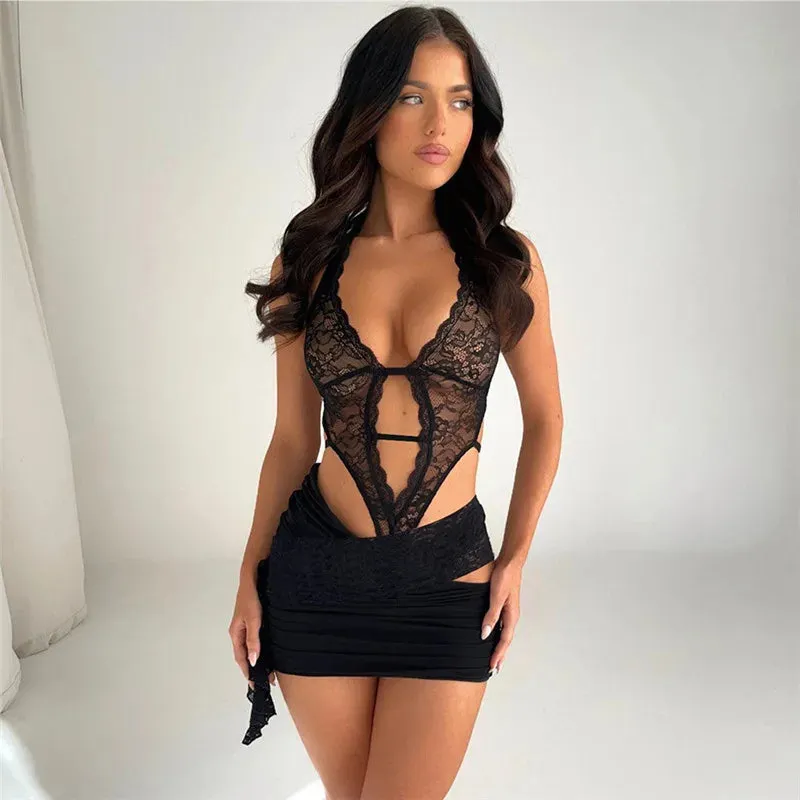 Sexy Party Lace Crop Top Pleated Bodycon Spring Summer 2 Piece Dress