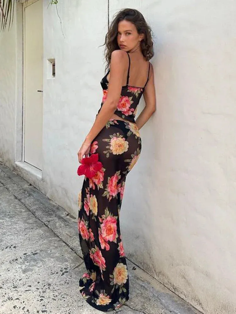 Sexy Party Print Spaghetti Strap Crop Top Bodycon Summer 2 Piece Dress