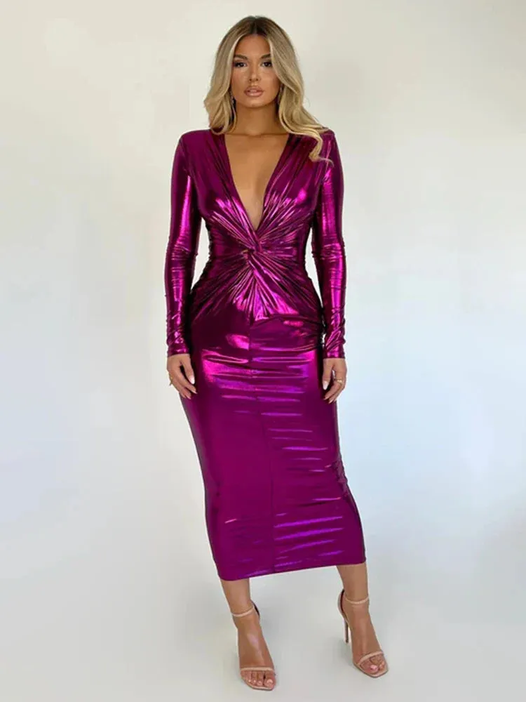 Sexy Party Sparkle Glitter Pleated Autumn Winter Long Slim Bodycon Midi Dress