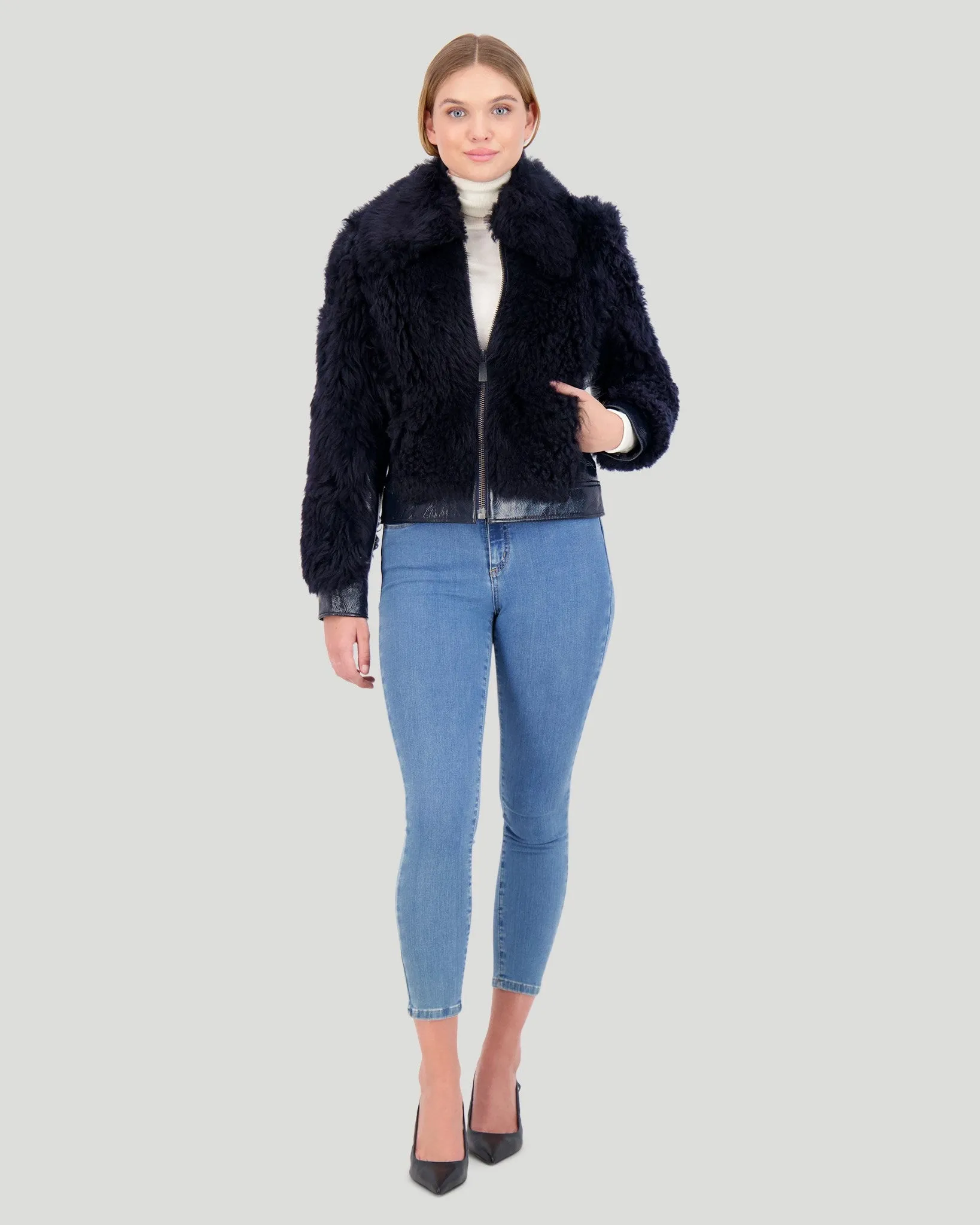 Shearling Lamb Bomber Jacket with Patent Leather Trim