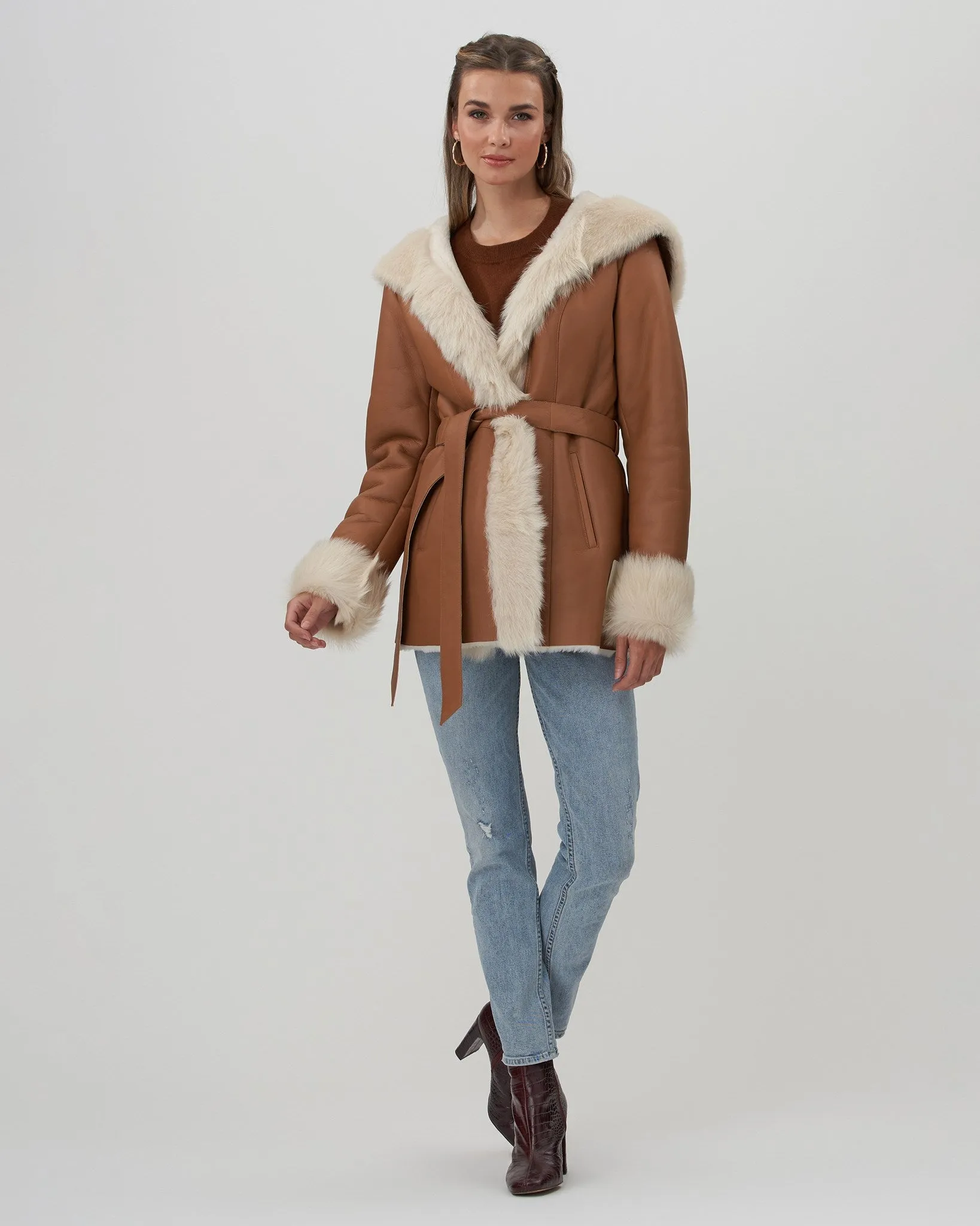 Shearling Lamb Hooded Jacket with Toscana Trim and Cuffs, Belt