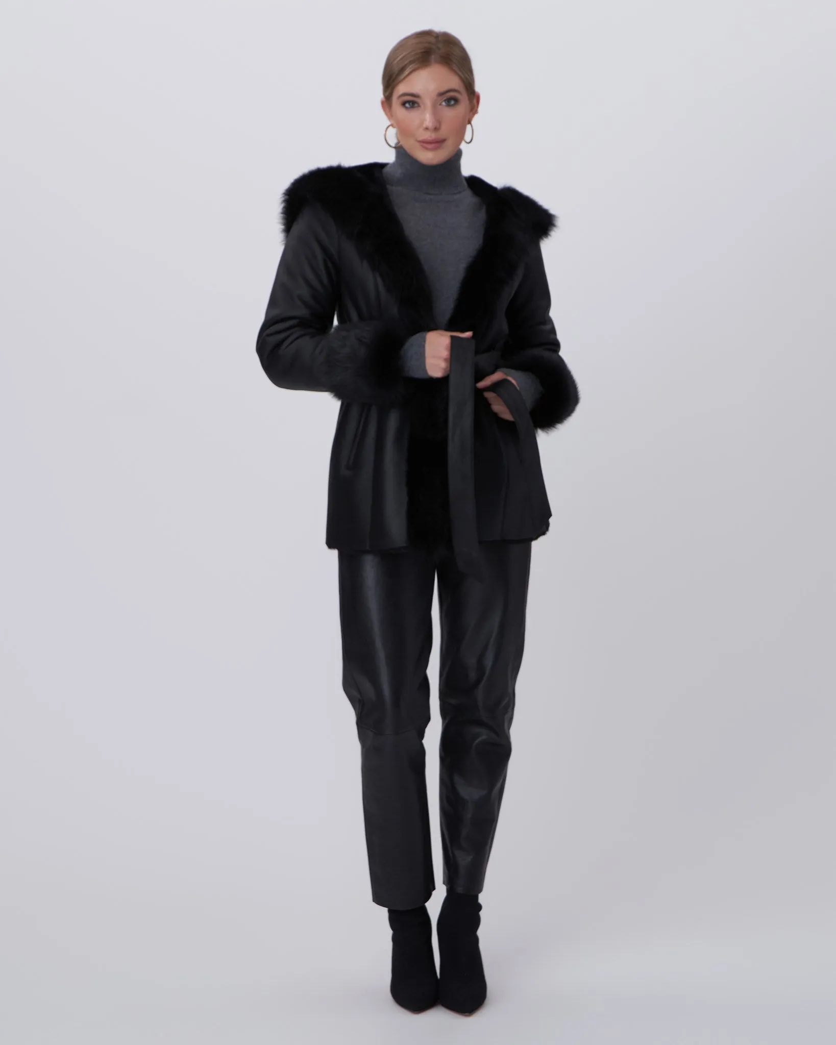 Shearling Lamb Hooded Jacket with Toscana Trim and Cuffs, Belt