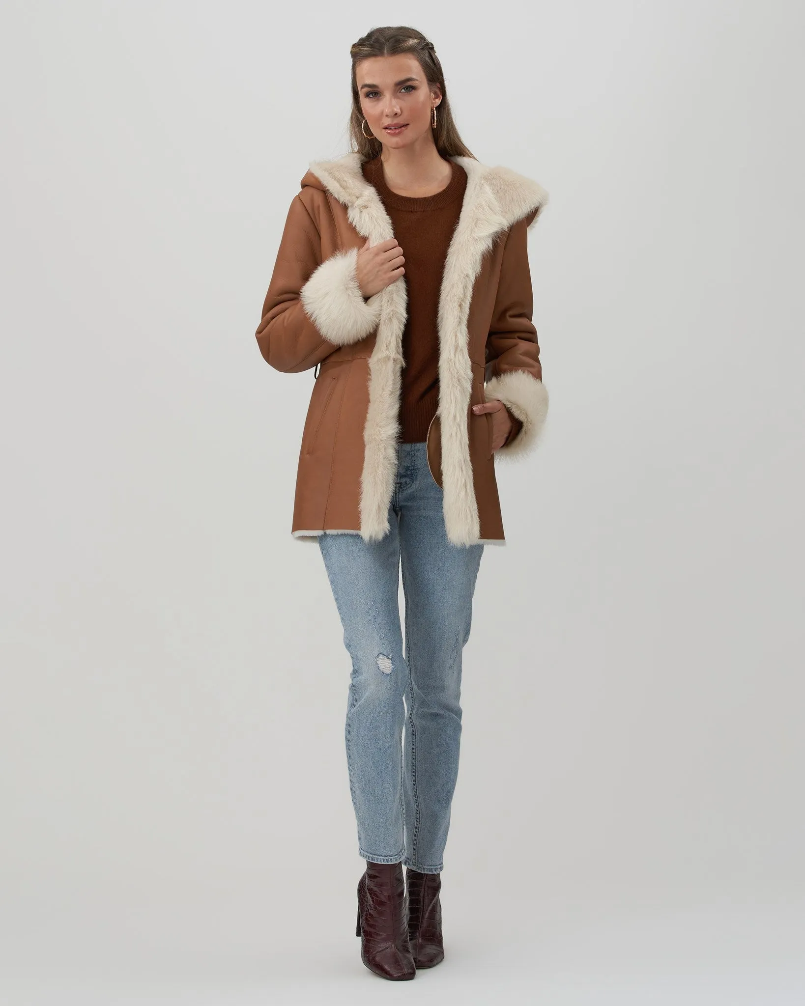 Shearling Lamb Hooded Jacket with Toscana Trim and Cuffs, Belt