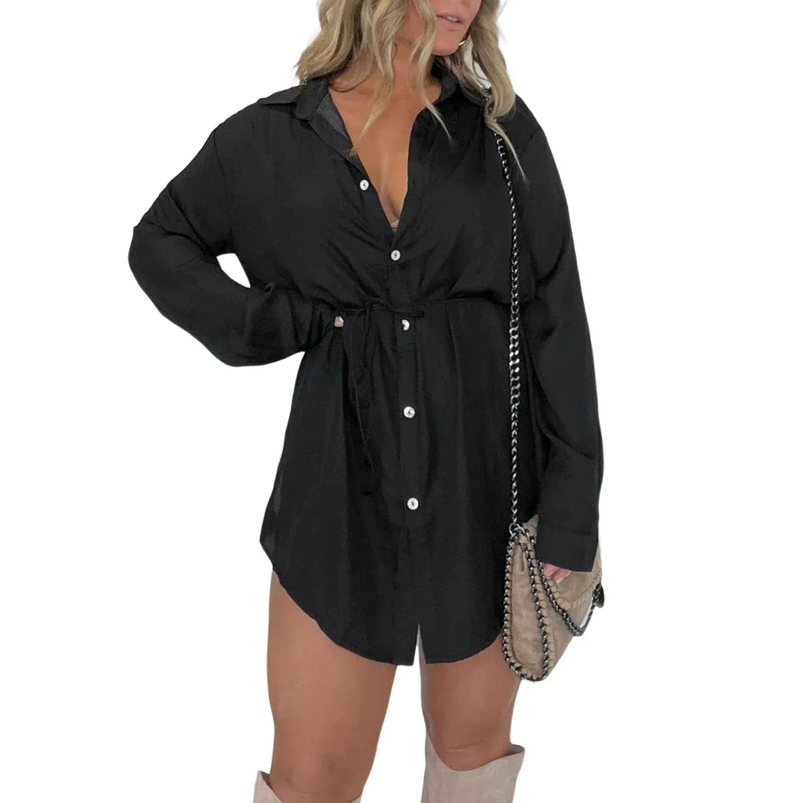 Sleeve Turn-down Collar Button-down Shirt Streetwear Long Romper