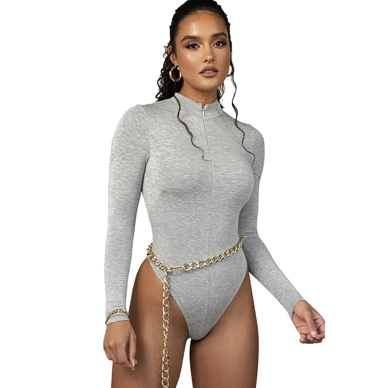 Solid zipper bodysuit stretch long sleeve bodycon sexy streetwear autumn winter body basic sporty active wear