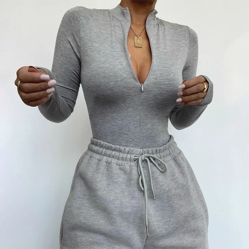 Solid zipper bodysuit stretch long sleeve bodycon sexy streetwear autumn winter body basic sporty active wear