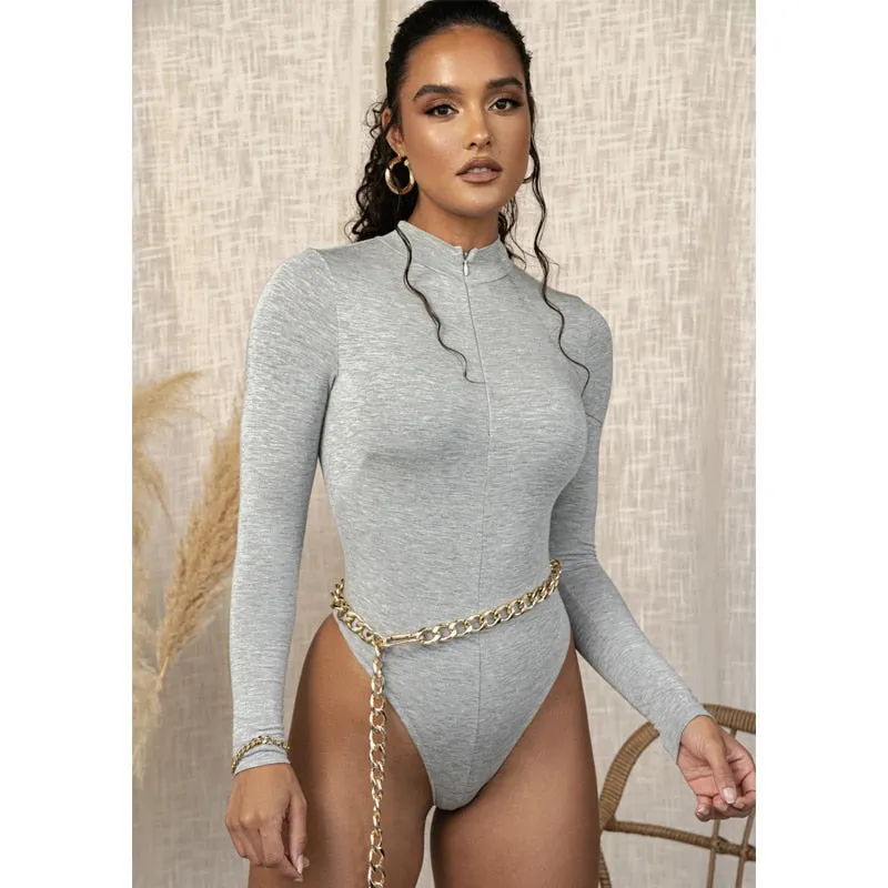 Solid zipper bodysuit stretch long sleeve bodycon sexy streetwear autumn winter body basic sporty active wear