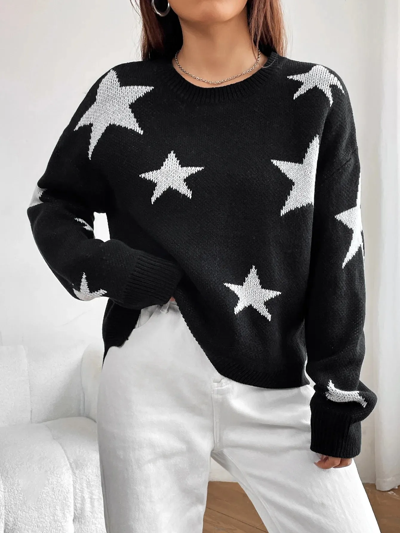 Spring Stylish Colorful Contrast Starry Cozy Comfortable Loose Long-sleeved Warm Sweater