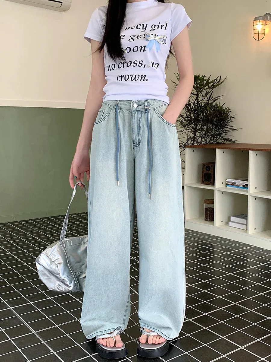 Streetwear Women Leg 2024 Spring Summer Drawstring Adjustable High Waist Denim Jeans