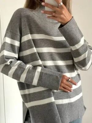 Striped Turtleneck Knitted Cozy Stylish Basic Long Sleeve Comfortable Casual Warm Sweater