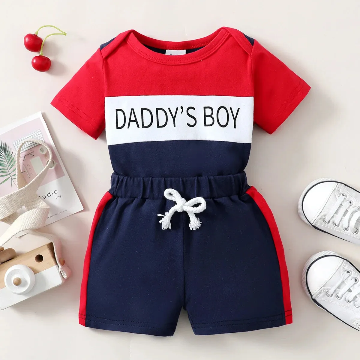 Summer Fashion Sport 2PCS Outfit , 3-24 Months Baby Boys Clothes Set - Short Sleeve Letter Top Bodysuit  Shorts Toddler Boy