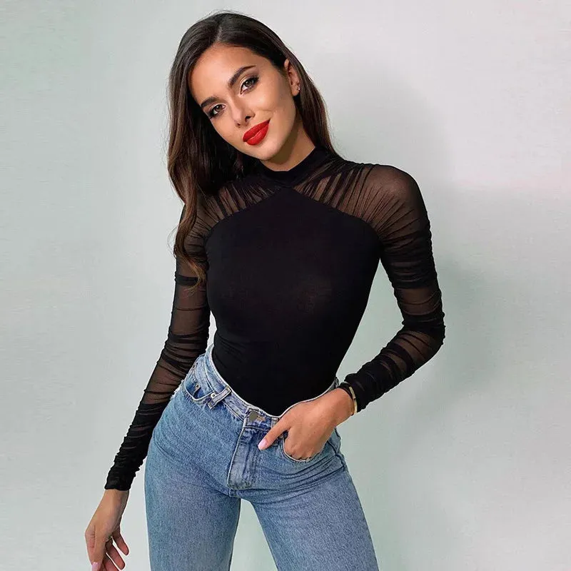 Summer New Solid Color Women's Round Neck Fashion Mesh Splicing Long Sleeve Slim Solid Color Jumpsuit Women's Beach