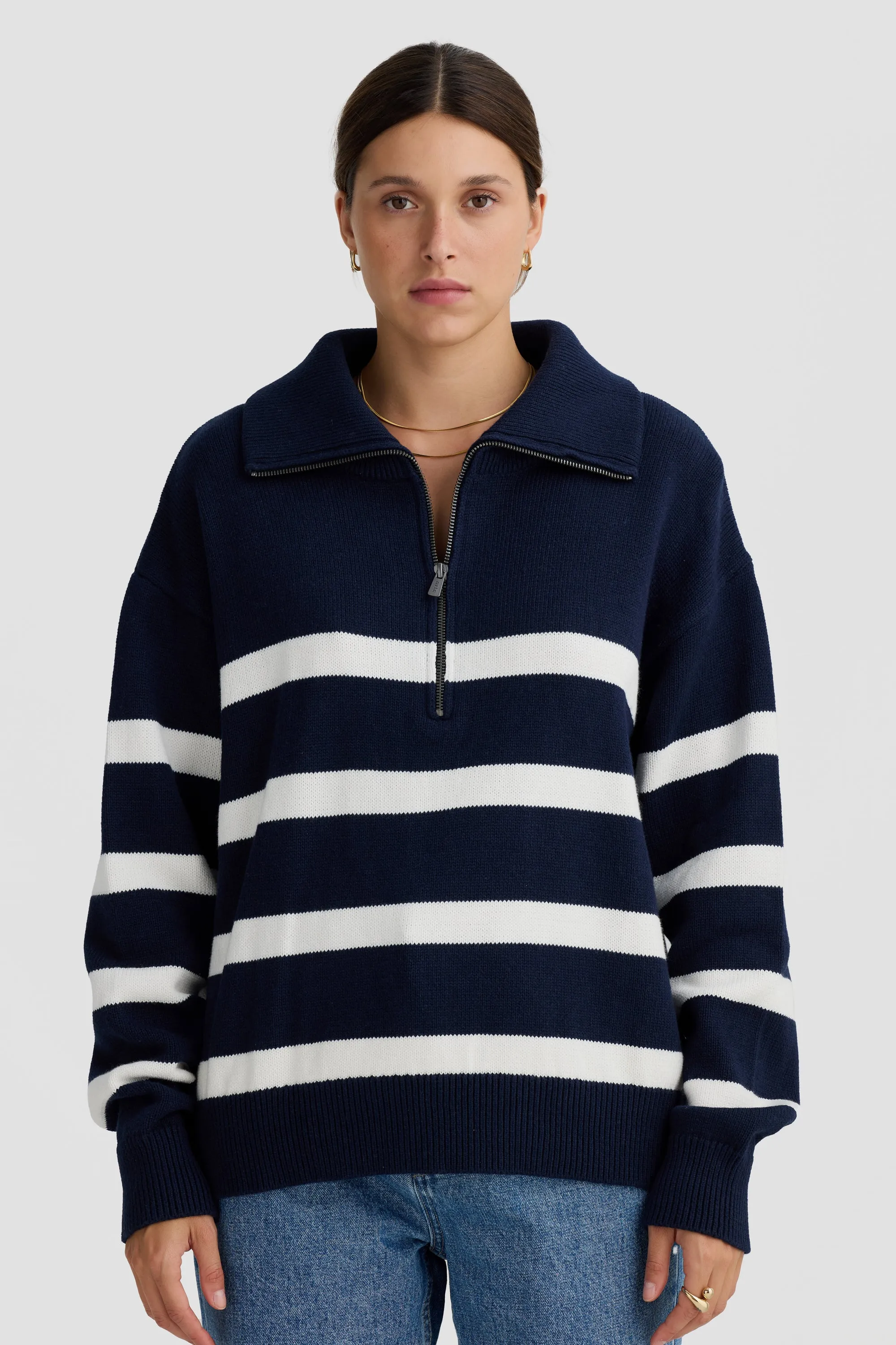 Talli Slouchy Quarter Zip Knit Sweater Navy