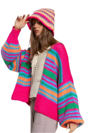 TEEK - Chunky Knit Multi-Striped Open Cardigan