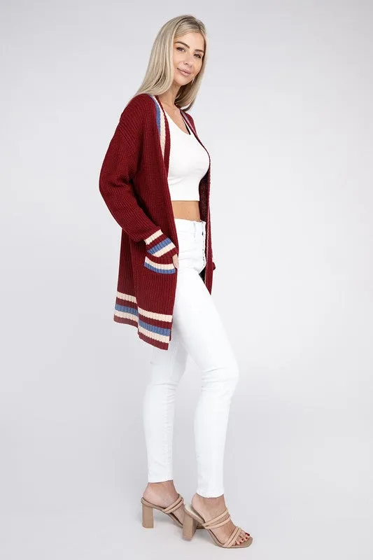 TEEK - Open Contrast Trim Burgundy Cardigan