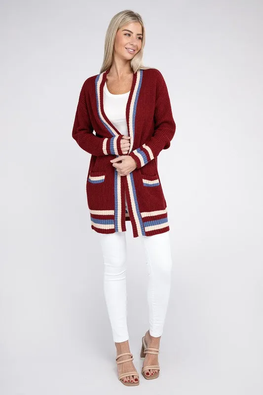 TEEK - Open Contrast Trim Burgundy Cardigan