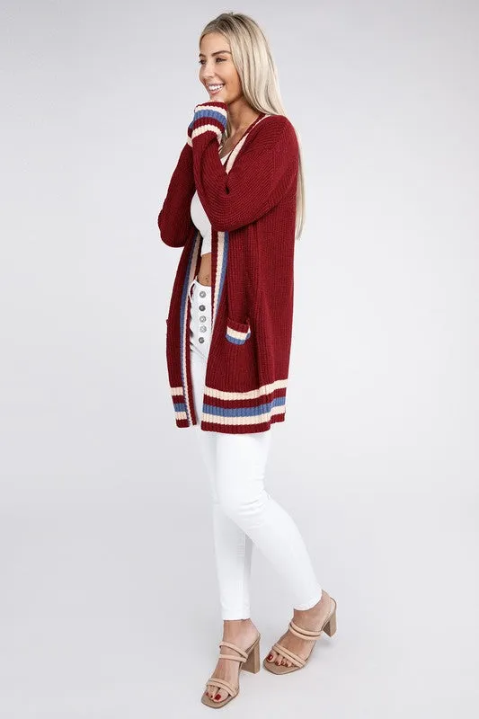 TEEK - Open Contrast Trim Burgundy Cardigan