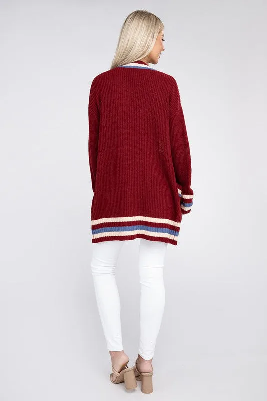 TEEK - Open Contrast Trim Burgundy Cardigan