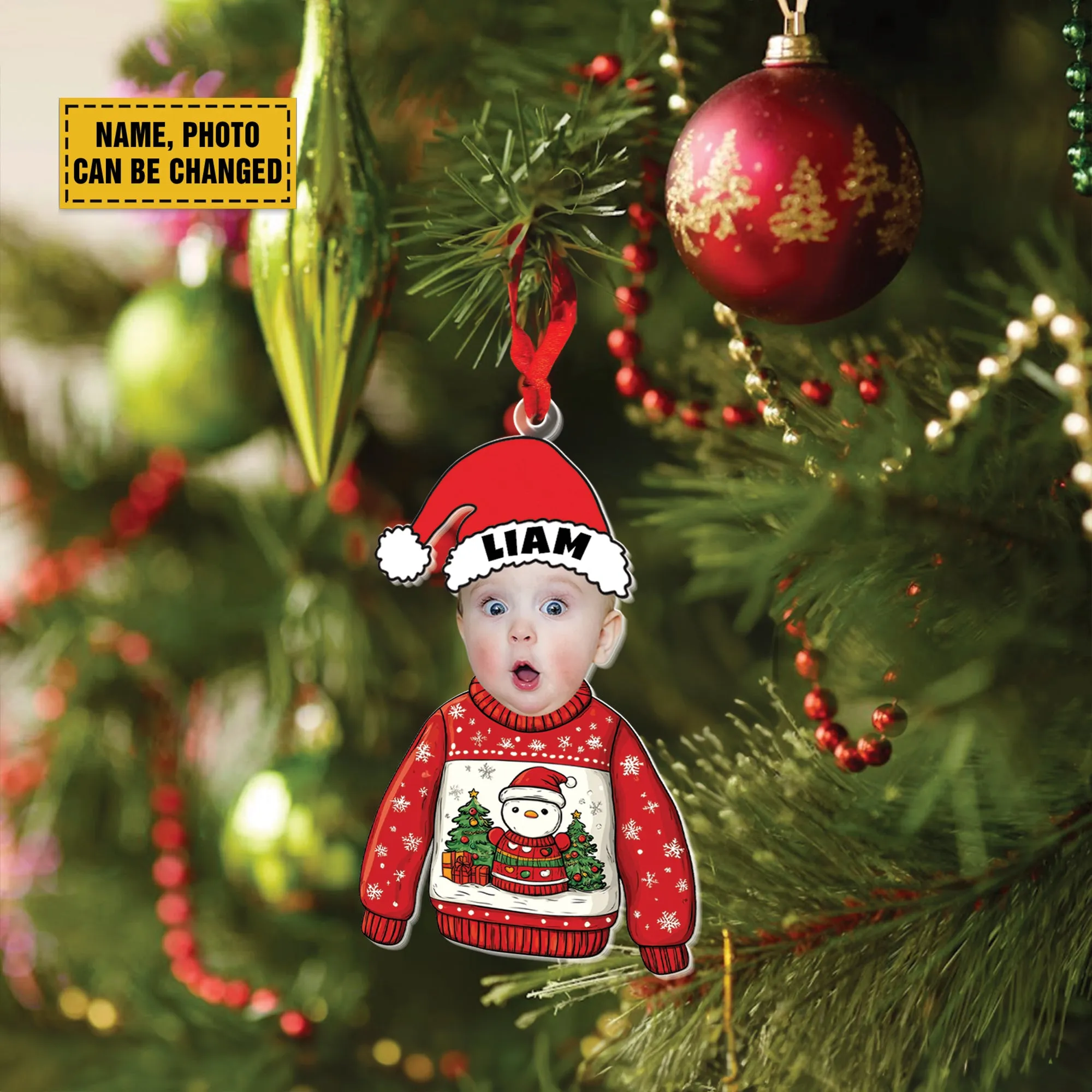 Teesdily | Customized Christmas Ugly Sweater Kid Ornament, Baby Photo Sweatshirt Ornament Christmas, Kid Hat Santa Christmas Gift