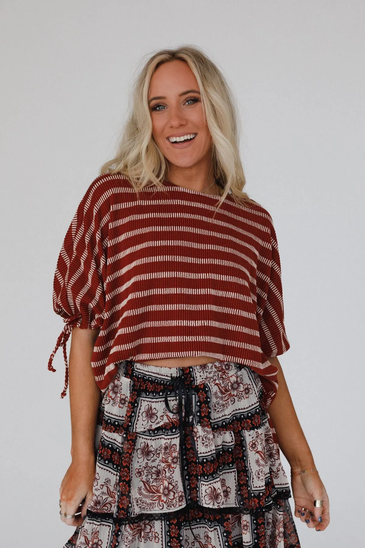 The Nest Little Lark Striped Puff Sleeve Tee - Rust