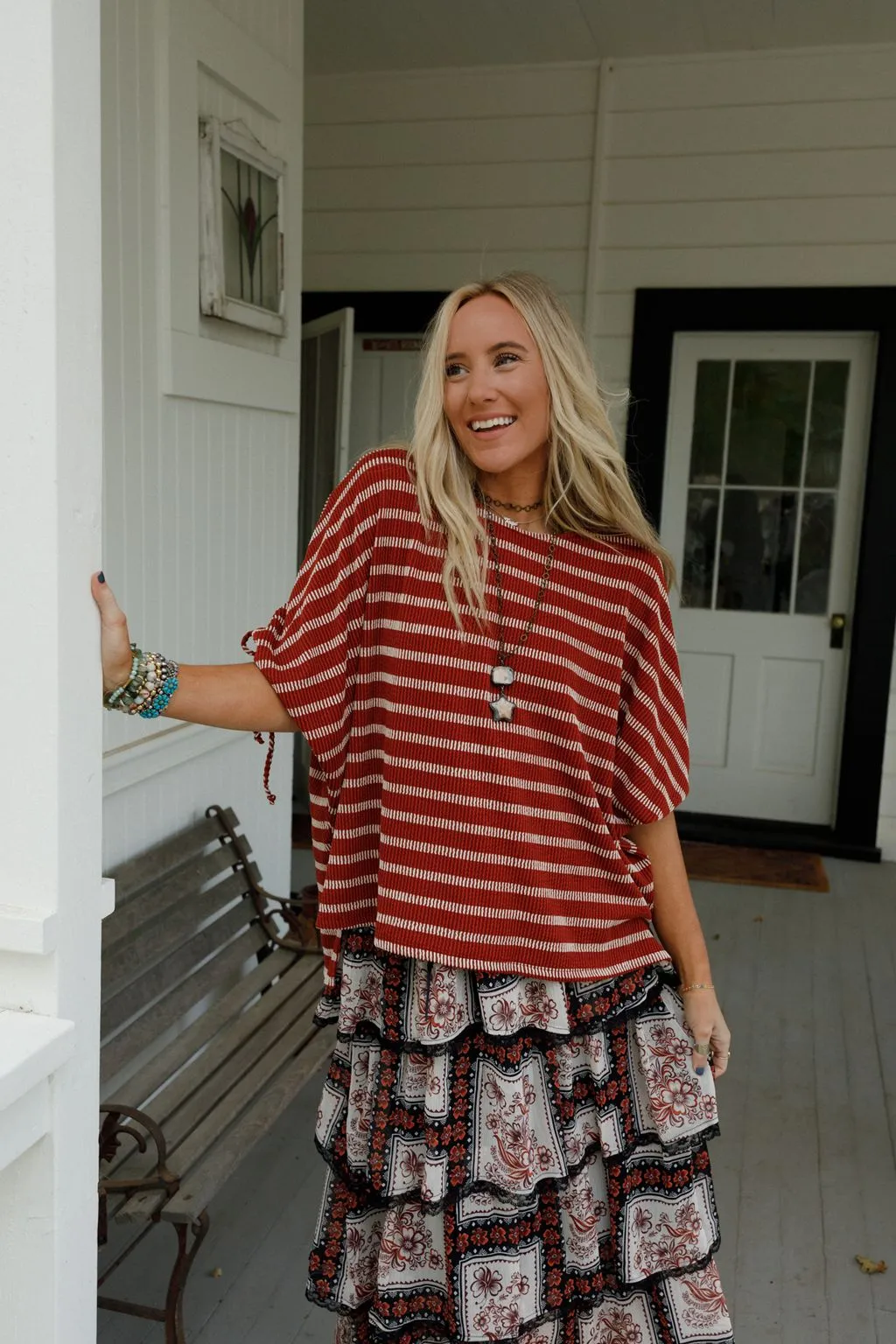 The Nest Little Lark Striped Puff Sleeve Tee - Rust