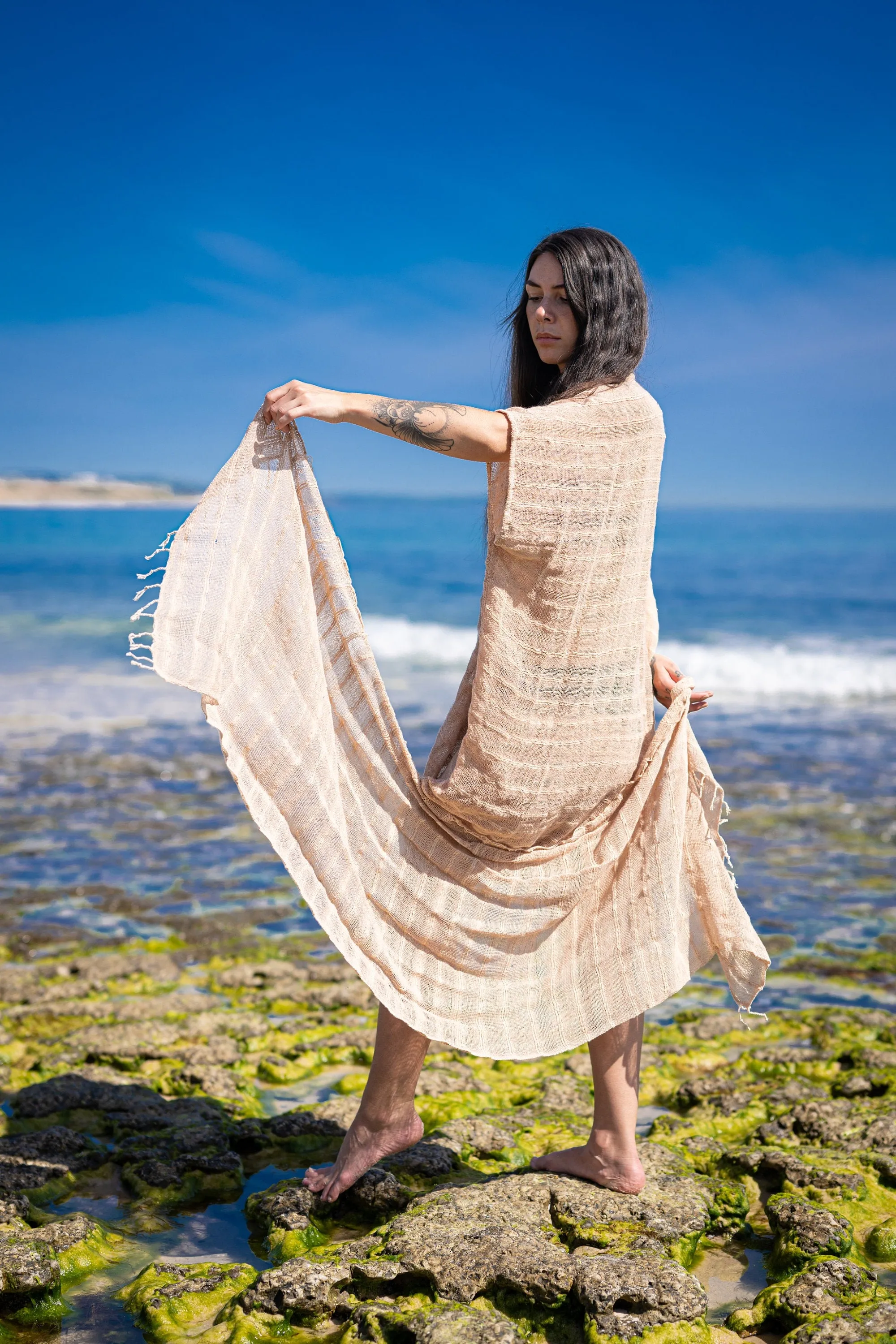 THEA Kimono Scarf Shawl Wrap Robe Bundle Set Sandalwood Brown Beach Festival Natural Netted Cotton See Through Soft Free Flow Boho AJJAYA