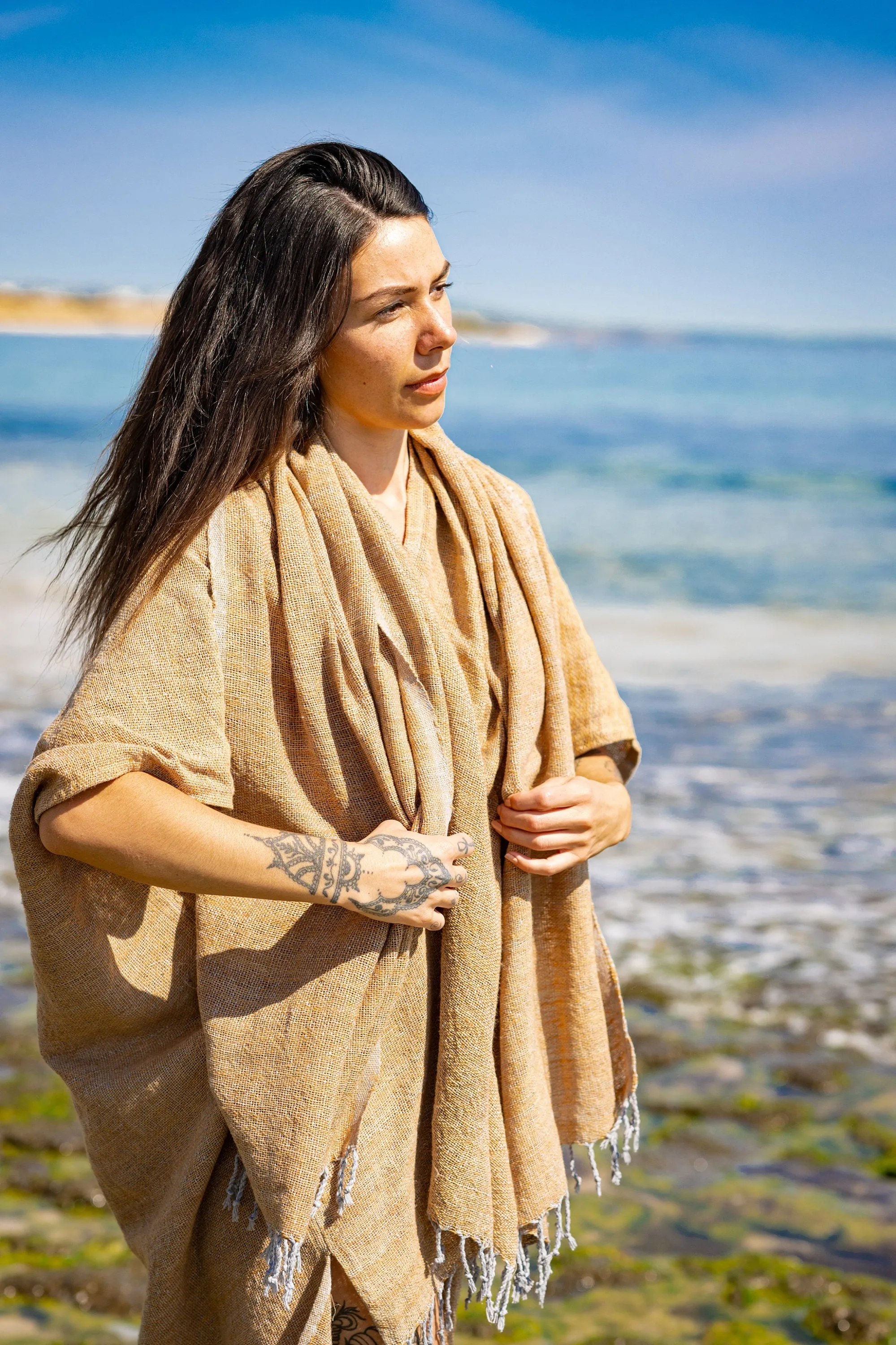 THEA Kimono Scarf Shawl Wrap Robe Bundle Set Sandalwood Brown Beach Festival Natural Netted Cotton See Through Soft Free Flow Boho AJJAYA