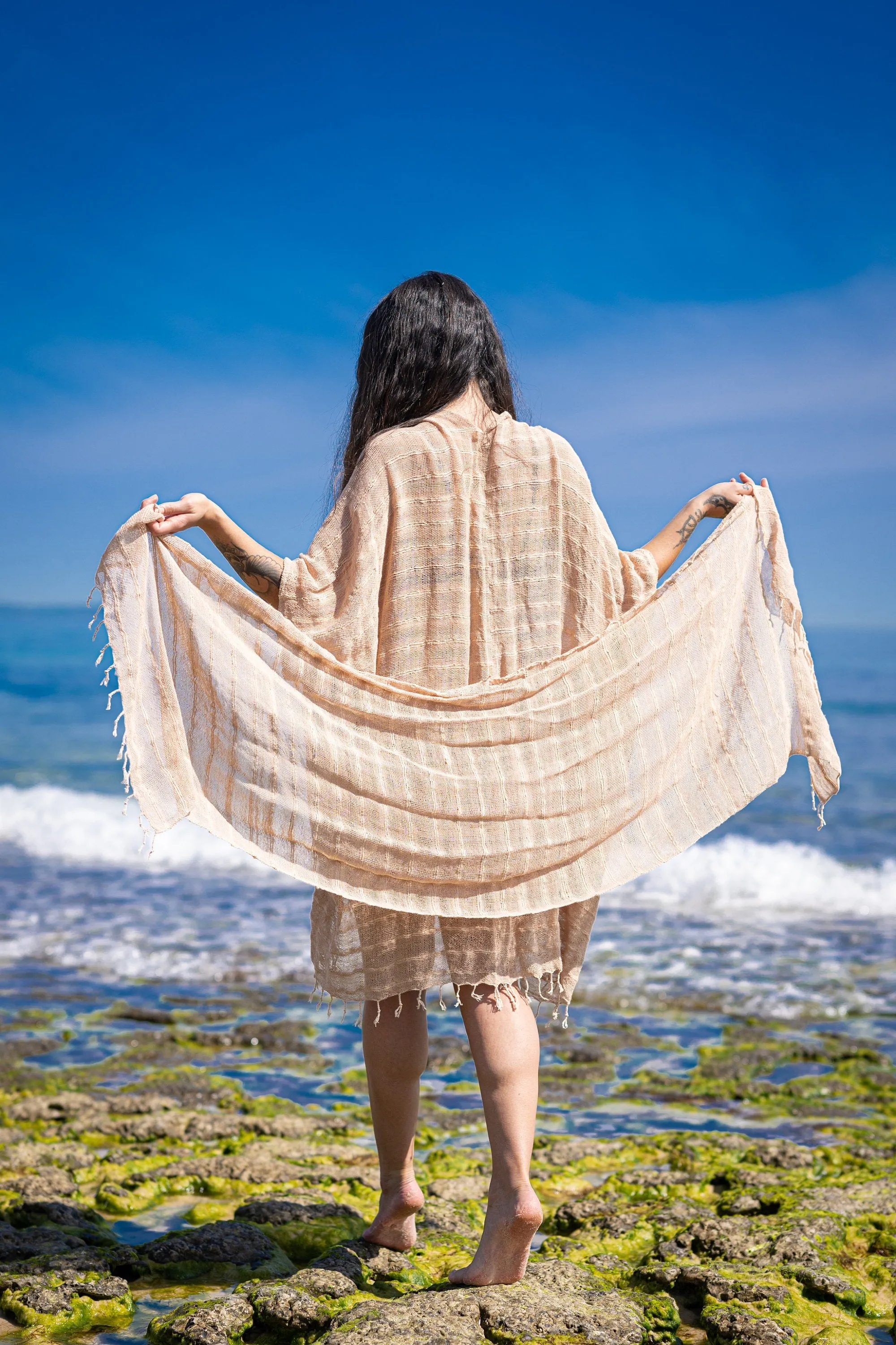 THEA Kimono Scarf Shawl Wrap Robe Bundle Set Sandalwood Brown Beach Festival Natural Netted Cotton See Through Soft Free Flow Boho AJJAYA