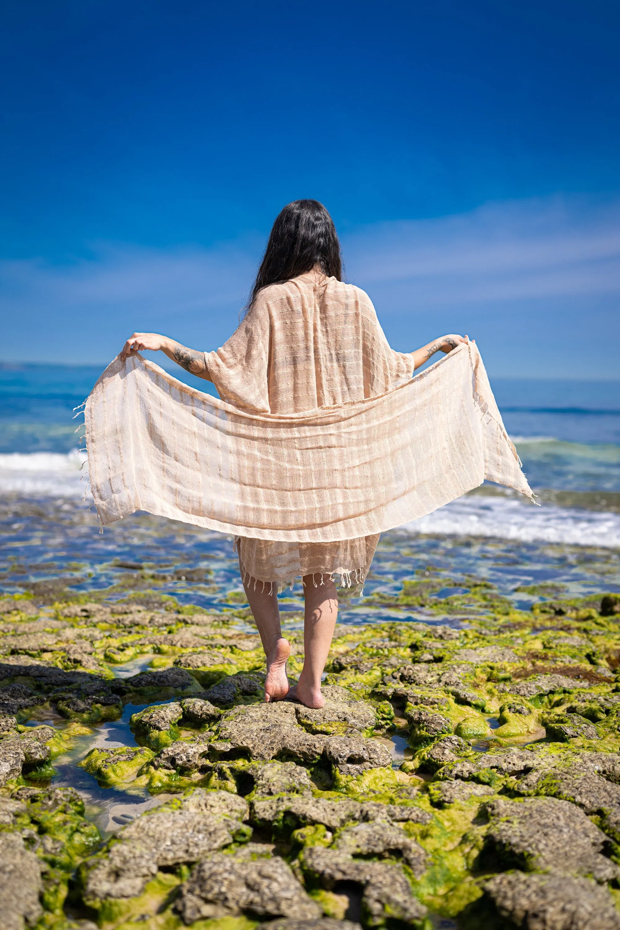 THEA Kimono Scarf Shawl Wrap Robe Bundle Set Sandalwood Brown Beach Festival Natural Netted Cotton See Through Soft Free Flow Boho AJJAYA