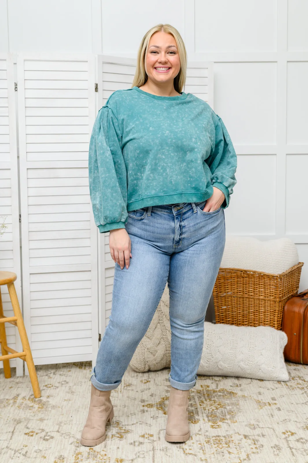 Tied Up In Cuteness Mineral Wash Sweater in Teal